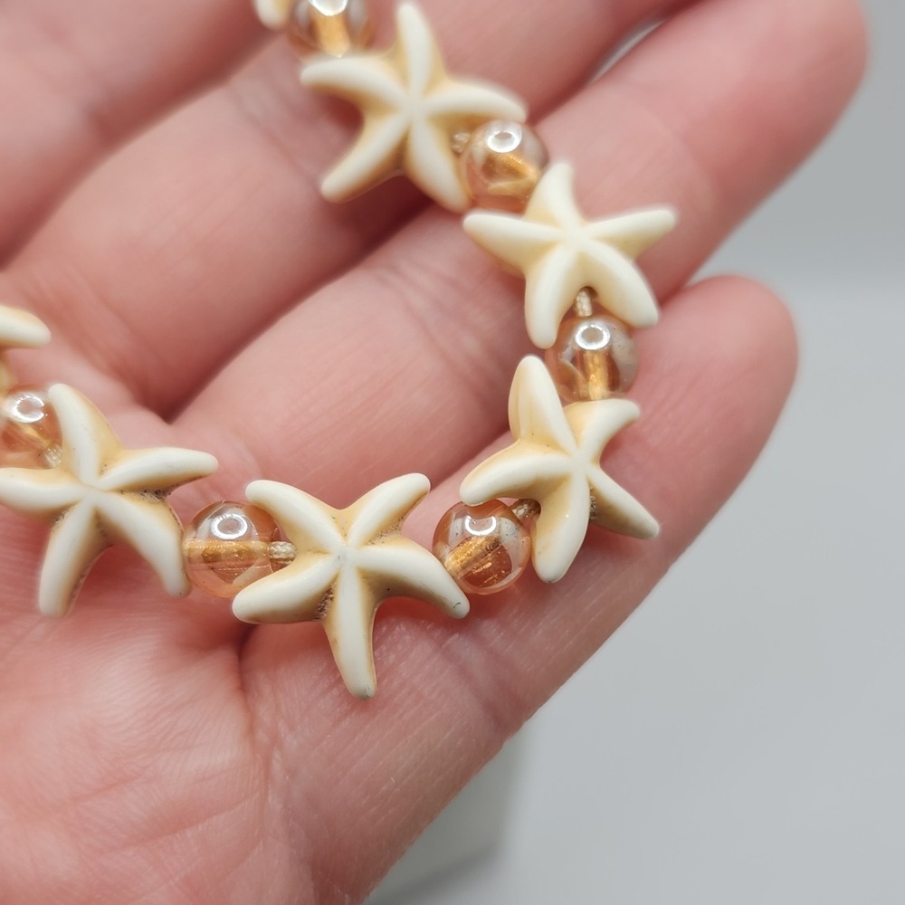 Coastal Boho Starfish Necklace Champagne Glass Beads Adjustable Vacation